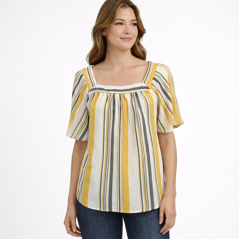 Urban Romantics Yellow Striped Square Neck Top Size L Boho Summer Blouse